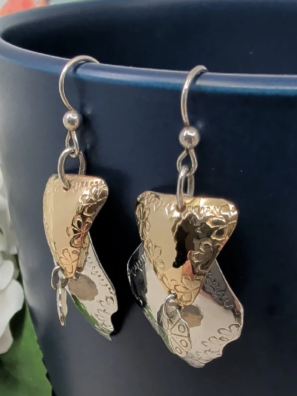 Vintage Hand-Hammered 925 Sterling Two-Tone Shield Dangle Earrings